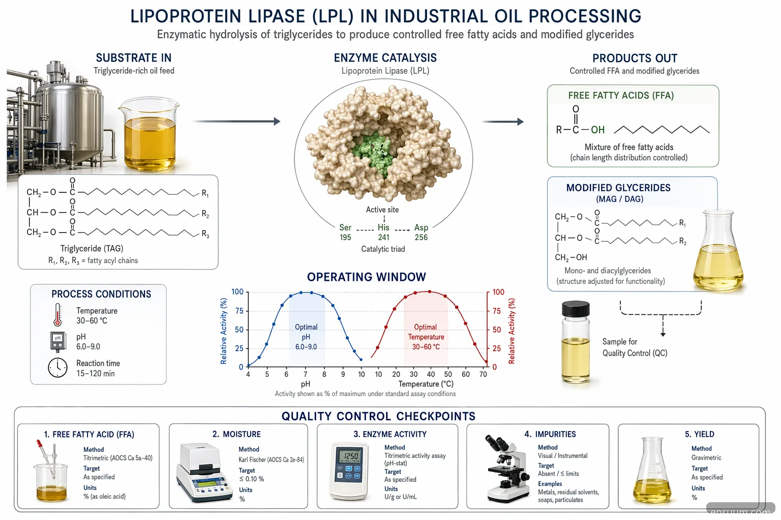 enzyme lipoprotein lipase oil processing mechanism, showing triglyceride conversion, pH temperature window, QC points
