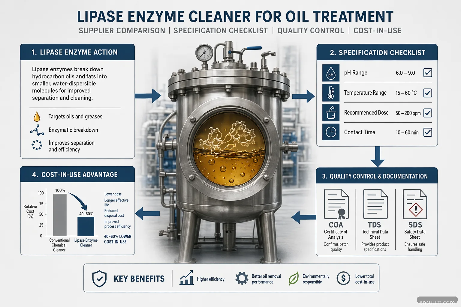 lipase enzyme cleaner oil treatment checklist showing pH, temperature, QC documents and cost-in-use factors