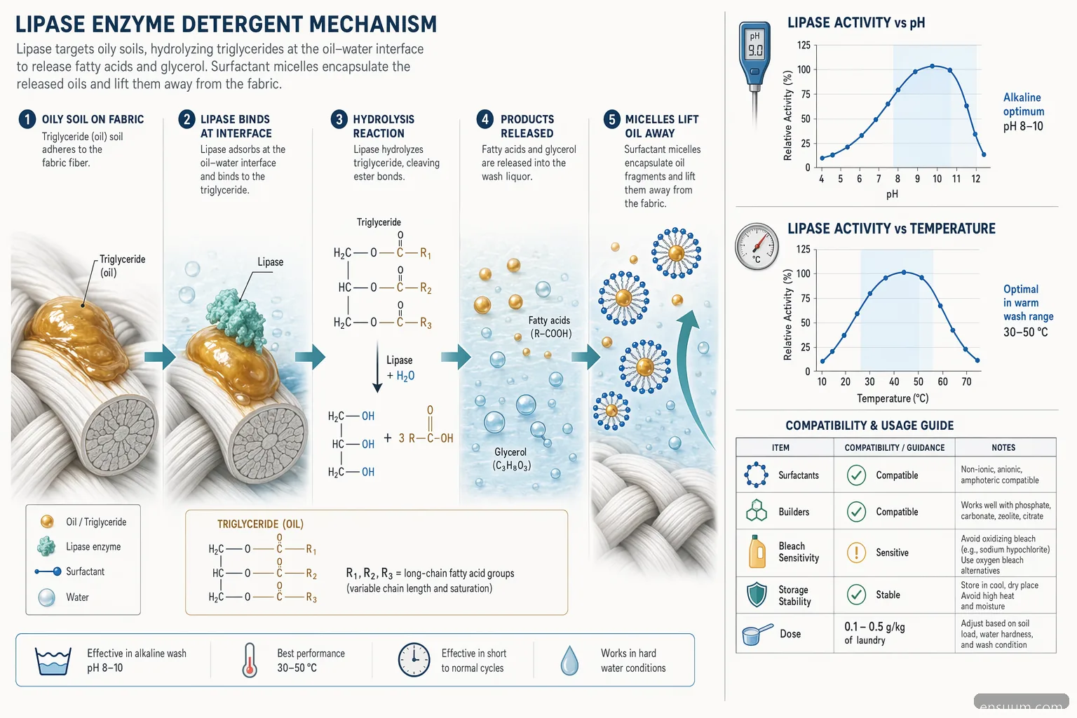 lipase enzyme detergent mechanism showing triglyceride breakdown, surfactant micelles and wash-condition curves