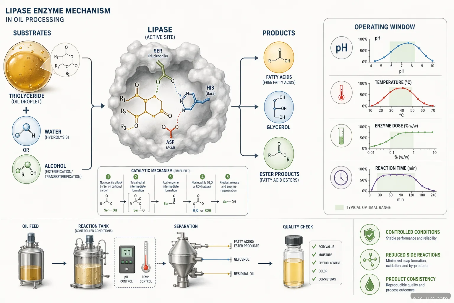 lipase enzyme oil processing mechanism, mapping triglyceride conversion with pH, temperature and substrate controls