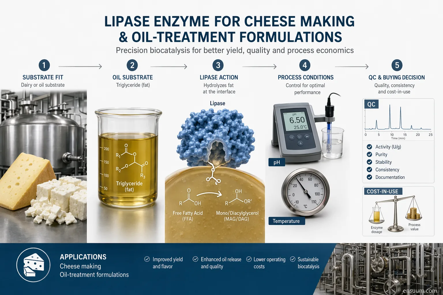 lipase enzyme for cheese making guide showing dairy fat, oil formulation, pH, temperature, QC, and cost-in-use factors