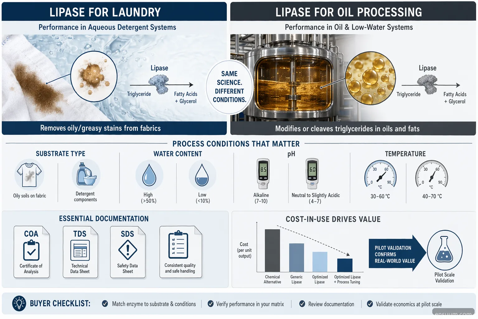 lipase enzyme for laundry buyer checklist comparing detergent and oil-processing lipase validation factors
