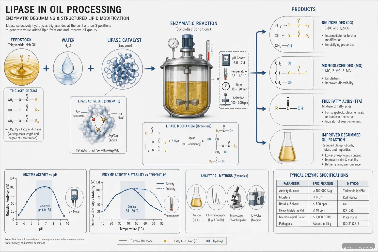 lipase enzyme for sale process diagram showing triglyceride hydrolysis, pH-temperature window, and QC outputs