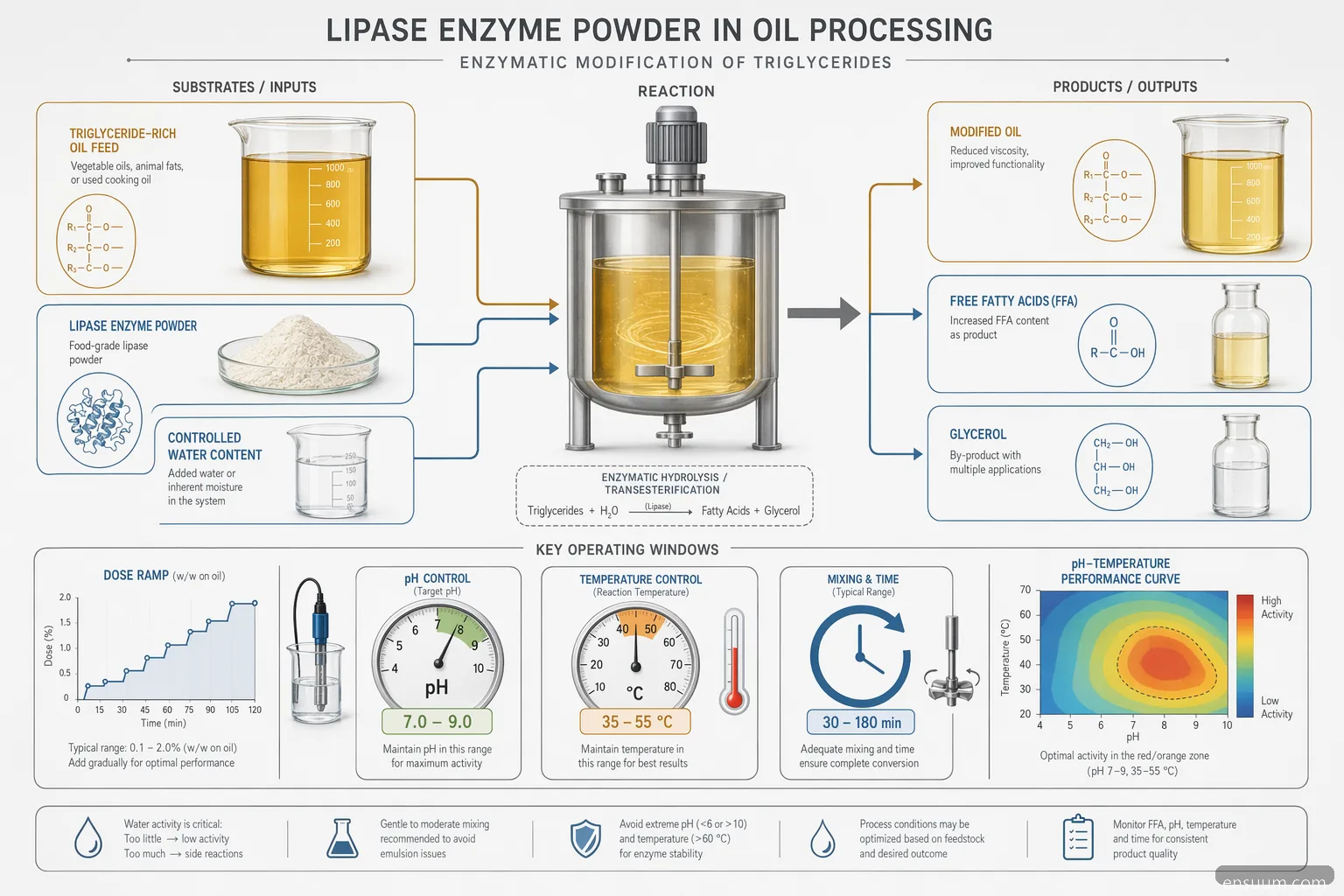 lipase enzyme powder oil processing mechanism showing triglyceride hydrolysis with pH and temperature control curves