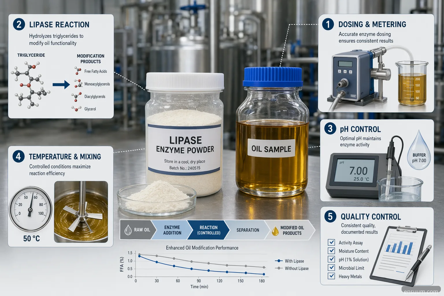 lipase enzyme powder oil processing guide with dosing, pH, temperature, QC, and oil reaction icons