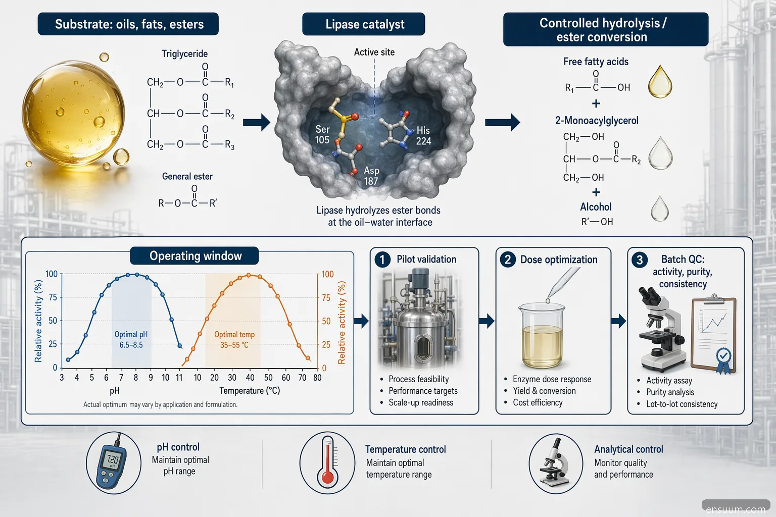 lipase enzyme production process diagram, triglyceride reaction flow with pH, temperature and batch QC checkpoints