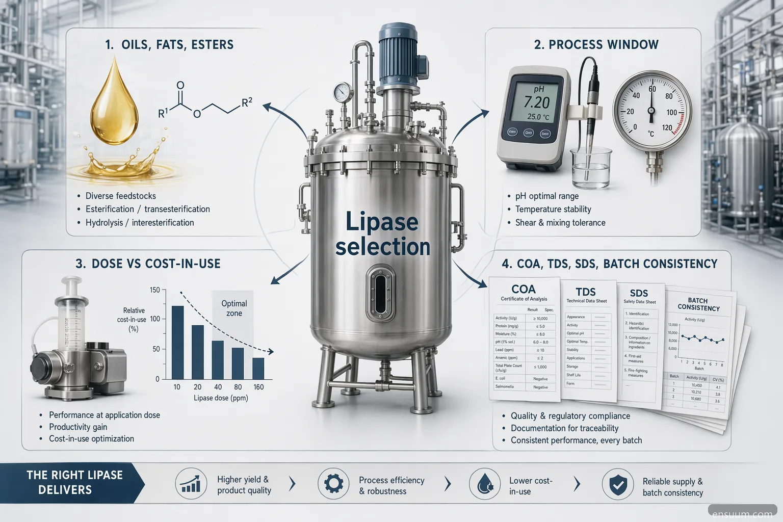 lipase enzyme production industrial selection, infographic of oils, dosing, QC documents and cost-in-use factors
